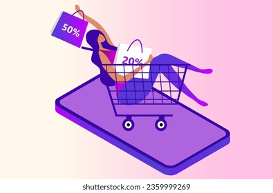 Online shopping concept, woman using mobile ordering shopping vector illustration