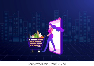 Online shopping concept, woman using mobile ordering shopping vector illustration