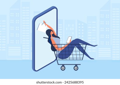 Online shopping concept, woman using mobile ordering shopping vector illustration