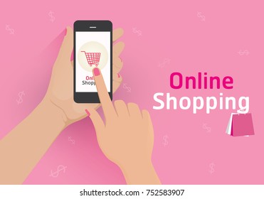 Online shopping concept with women hand holding smartphone and online shop icons vector illustration.