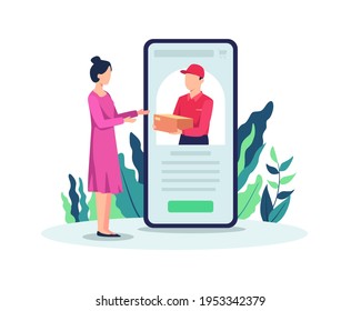 Online shopping concept. Women shopping online, Receiving shopping package from courier. Courier deliver package to customer, Male courier with package on the smart phone screen. Vector in flat style