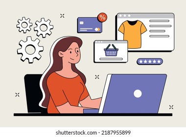 Online shopping concept. Young girl buys clothes, transactions and transfers. Electronic payment. Advertising poster or banner for website. Woman with laptop. Cartoon flat vector illustration