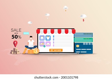 Online shopping concept, young man wear a face mask and sit on top of coinstack near a big screen of laptop that contain list of products, credit card, customer rating and reviews to order a new shoe.