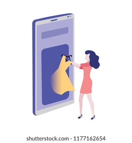 Online shopping concept with young woman taking new dress from application of internet store on big mobile phone isolated on white background in flat vector illustration.