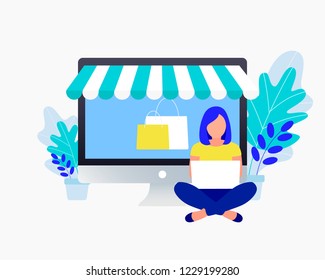 Online shopping concept. Young woman shop online using laptop. Trendy flat style. Vector illustration.