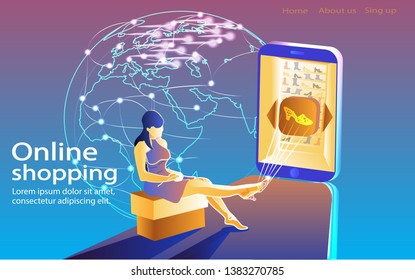 Online shopping concept. Young woman are sitting on pouf and fitting on virtual shoes; shopping using smartphone; virtual shopping. Landing page template. 