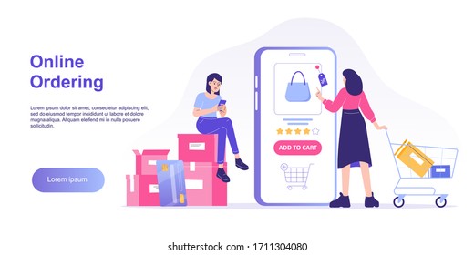 Online shopping concept. Young woman holding shopping trolley cart ordering with huge smartphone app. Ordering with online payment. Purchase. Web landing page. Isolated stock vector illustration