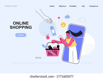 Online shopping concept,. Young woman shoping online using smartphone. Vector illustration template. Can use for web banner, ads, infographics