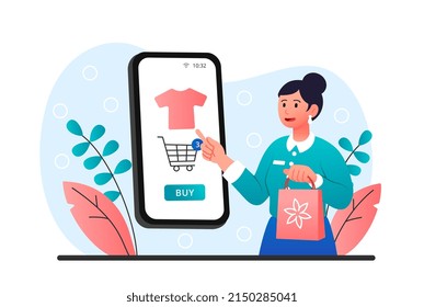 Online shopping concept. Young woman stands at screen of large smartphone and makes purchases in online application. Sale, special offer or consumerism. Cartoon modern flat vector illustration