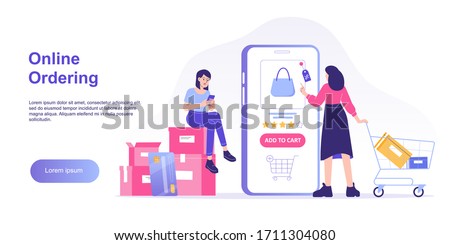 Online shopping concept. Young woman holding shopping trolley cart ordering with huge smartphone app. Ordering with online payment. Purchase. Web landing page. Isolated stock vector illustration