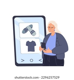 Online shopping concept.Pensioner Elderly Woman with mobile phone,smartphone,making purchase in internet store, ordering shoes in digital market,marketplace.Flat vector illustration isolated
