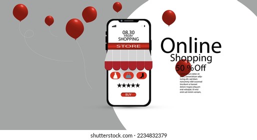 Online shopping Concept,Smartphone with products on screen shopping bag text example on white background ,Technology  social network  connection  digital  global network ,vector illustration
