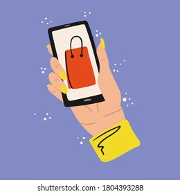 Online shopping consept. Female hand customer hold shopping package or gift on the smartphone screen device. Buy in internet app, modern flat vector cartoon illustration