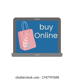 online shopping consept. shopping package on the laptop screen. online shopping app. flat vector illustration