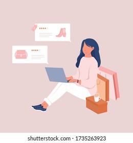 Online shopping, consumer and people concept vector illustration flat design. Young woman shop online using smartphone.