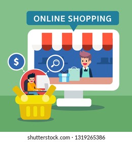 Online shopping consumer purchase product with online merchant, basket icon. Flat vector illustration  
