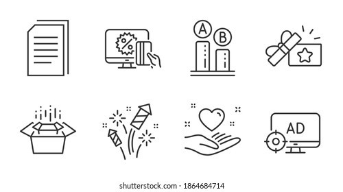 Online shopping, Copy files and Ab testing line icons set. Loyalty gift, Fireworks rocket and Packing boxes signs. Seo adblock, Hold heart symbols. Quality line icons. Online shopping badge. Vector