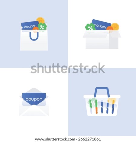 Online Shopping and Coupon Usage Concept Icons