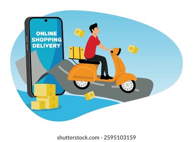 Online shopping courier service application. A delivery man on scooter comes out of the phone screen. Flat vector modern illustration 