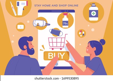 Online shopping for COVID-19 prevention concept, with two people adding personal care items into cart, in flat design