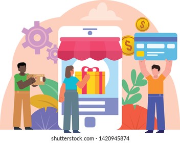 Online shopping, credit card, coins. People stand near big smartphone. Poster for web page, banner, social media, presentation. Flat design vector illustration