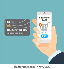 Online shopping with credit card. Easy payment for order with plastic card through internet.