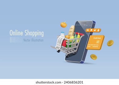 Online shopping and credit card payment. Grocery shopping trolley cart on smartphone with credit card payment. 3D vector. cartoon character.