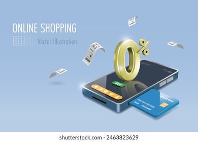 Online shopping and credit card payment. 0% interest fee with credit card payment on mobile shopping app. E commerce, financial and banking marketing technology. 3D vector.