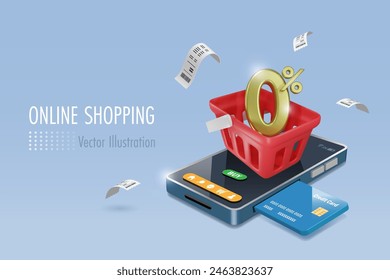 Online shopping and credit card payment. 0% interest fee in shopping basket on mobile shopping app. E commerce, financial and banking marketing technology. 3D vector.