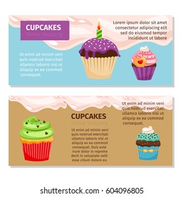 Online shopping cupcakes horizontal flyers design. Vector illustration