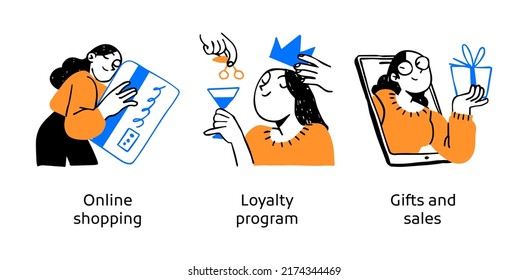 Online shopping and customer loyalty program - set of business concept illustrations. Visual stories collection.