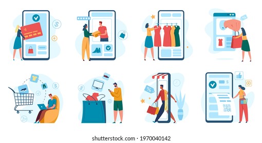 Online shopping. Customer purchasing with smartphone, online store checkout. Mobile app payment, e-commerce, digital marketing concept vector set. Woman paying with credit card, receiving parcel