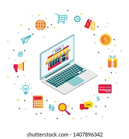Online shopping customer support concept with computer and e-commerce isometric decorative icons