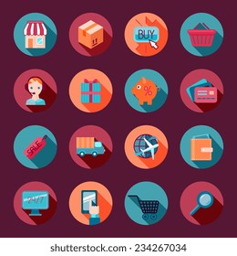 Online shopping customer support e-commerce flat icons set isolated vector illustration