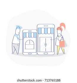 Online Shopping, cute cartoon Shopping people characters near mobile phones with store front on the screen. Flat line vector illustration concept for web and mobile design.