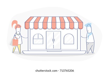 Online Shopping, cute cartoon Shopping people characters near Laptop with store front on the screen. Flat line vector illustration concept for web and mobile design.