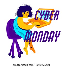 Online shopping of cyber monday sale from laptop. Cartoon women character, business concept for web. Girl sits on a chair with laptop, works, reading news. Special offer, promotion, big seasonal sale.