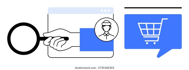 Compras en línea, ciberseguridad, verificación de identidad, detección de fraude, Servicio al cliente, análisis de comercio electrónico. Lupa, mano con el Carrito de compras del icono del perfil en la burbuja del discurso. Comercio electrónico