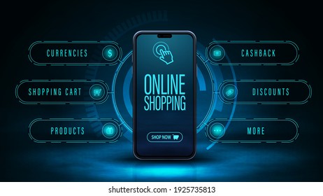 Online shopping, dark and blue digital web banner with smartphone and hologram interface around. Web banner for your product in modern digital style