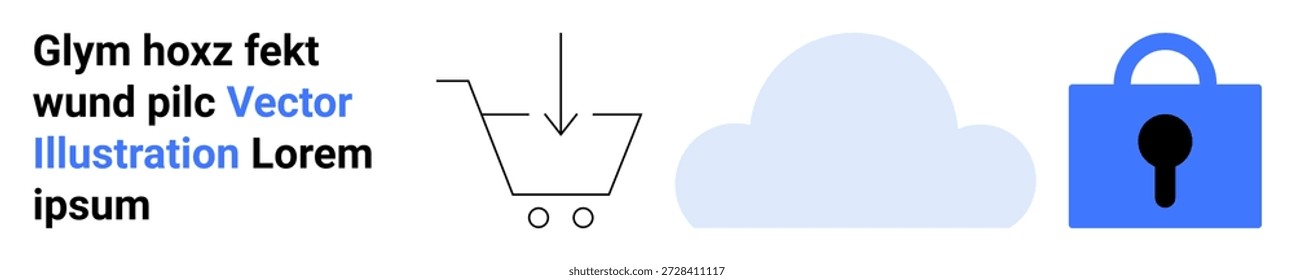Online-Einkauf, Datenschutz, Cybersicherheit, Cloud-Speicher, digitale Dienste, sichere Technologie. Ein Bild zeigt einen Warenkorb, eine Wolkenform und ein Vorhängeschloss-Symbol. E-Commerce und Datenschutz