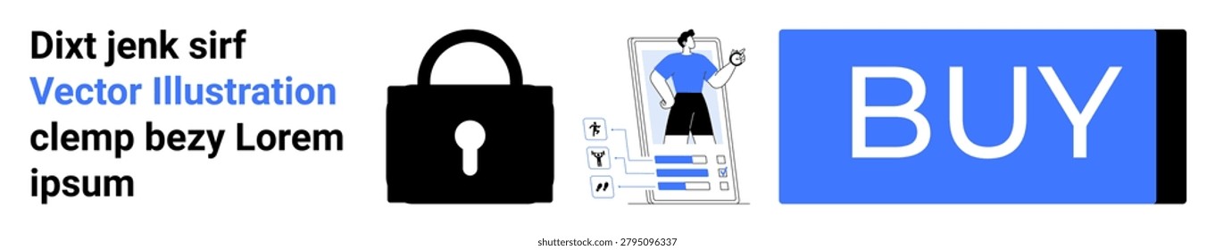 Online shopping, data security, digital transactions, e-commerce platforms, secure payments, consumer protection. Lock symbol, data visualization buy button. Cybersecurity and online shopping