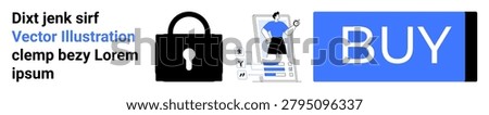 Online shopping, data security, digital transactions, e-commerce platforms, secure payments, consumer protection. Lock symbol, data visualization buy button. Cybersecurity and online shopping