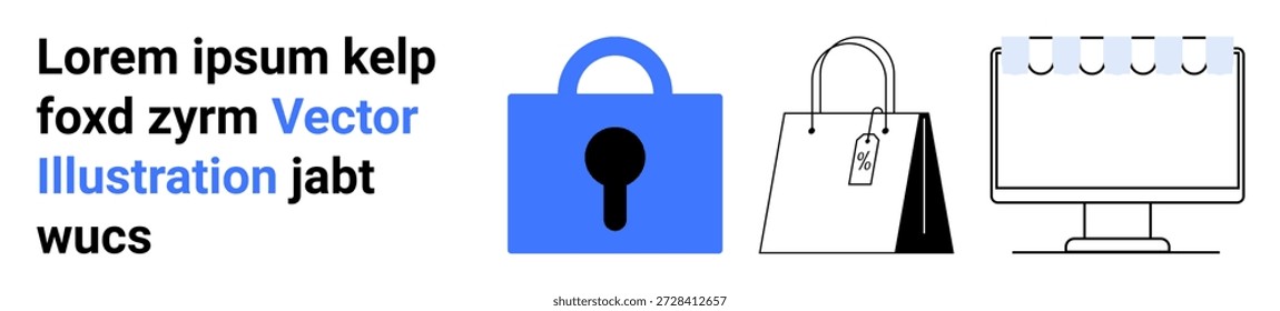 Online-Einkauf, Datensicherheit, E-Commerce, Cybersicherheit, Einzelhandel, Datenschutz. Blaues Schloss, Einkaufstasche mit Anhänger und Computerbildschirm. Datensicherheit und elektronischer Geschäftsverkehr