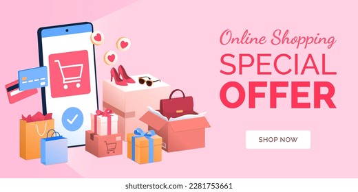 Online shopping and delivery app banner with smartphone and shopping items