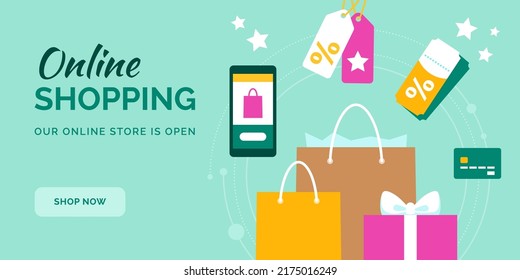 Online shopping and delivery banner: shopping bags, gift box, credit card, price tags and smartphone app, sale concept