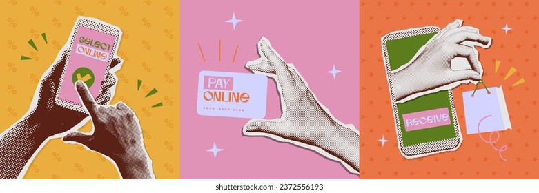 Online shopping and delivery banners set with retro halftone collage handy hands. 1990s mixed media stages of e-commerce. Vector illustration