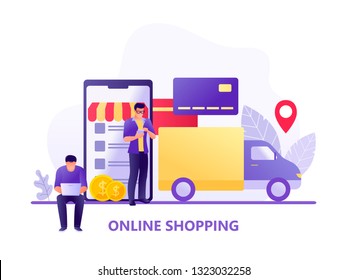 Online Shopping and Delivery with car carrying goods and people using gadgets for shopping. Ecommerce sales, digital marketing. Flat concept vector illustration for web, landing page, shop application