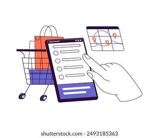 Compras en línea, concepto de entrega. Compra de Carrito con mercancías en los mercados de Internet. Cliente hace pedidos, compras en Web App con teléfono. Ilustración vectorial de contorno aislado plano sobre fondo blanco