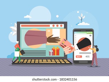 Online shopping and delivery concept flat vector illustration. Internet store, mobile payment, e-commerce. Purchase of products over the internet process with characters buyer and seller.
