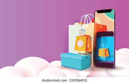 Online shopping or delivery concept illustration 3d vector show trolley, bags and boxes. Modern trendy design bright colors on smartphone
